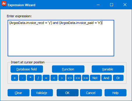 The Expression Wizard dialog with the expression used for conditional printing filled in.